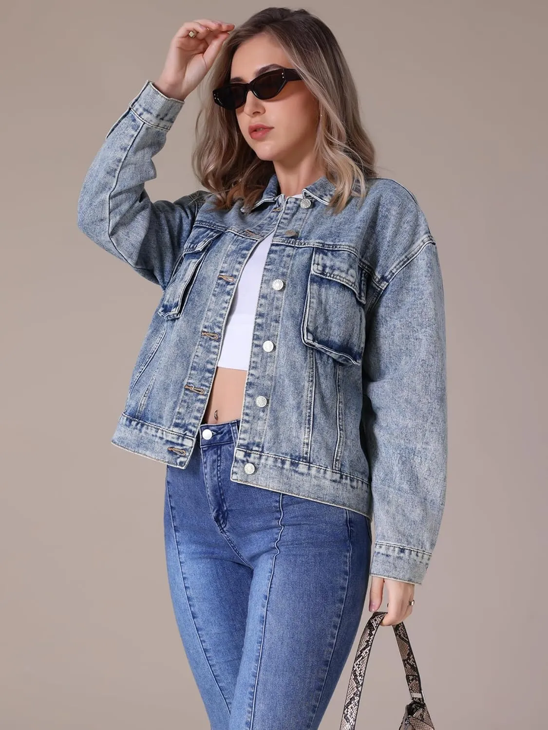 Women's Denim Jacket Button Down Cargo Pockets Casual Denim Shacket Western Outfits 2025 Jean Jackets