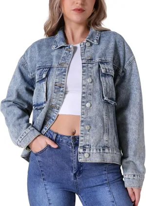 Women's Denim Jacket Button Down Cargo Pockets Casual Denim Shacket Western Outfits 2025 Jean Jackets