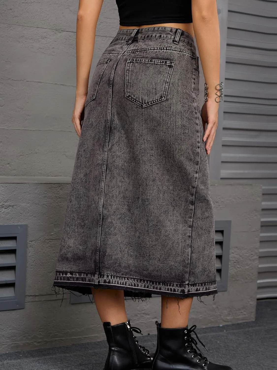 Women's Denim Skirt High Waist Front Slit Raw Trim Hem Pencil Skirt with Pockets Midi Jean Skirts