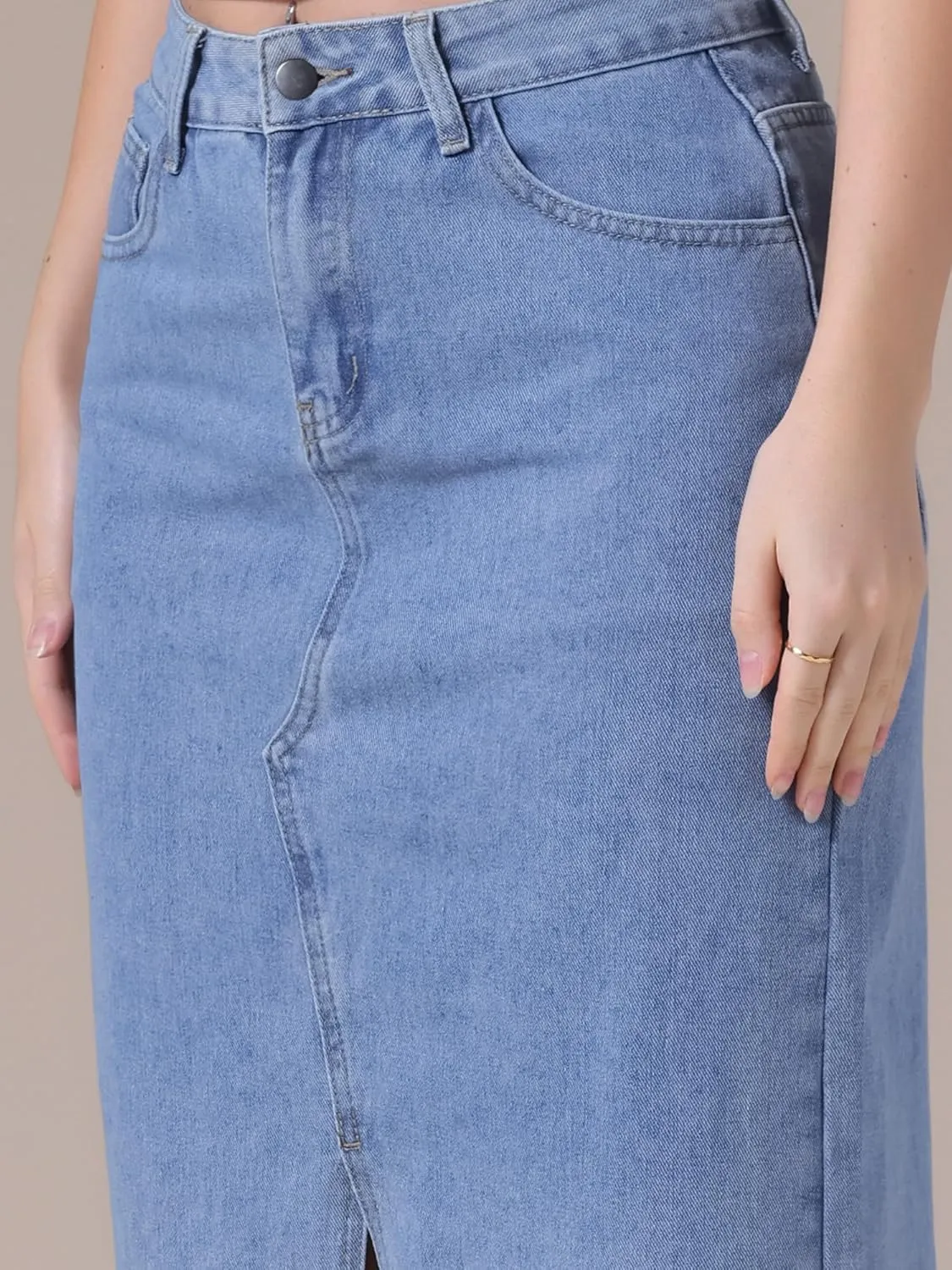 Women's Denim Skirt High Waist Front Slit Raw Trim Hem Pencil Skirt with Pockets Midi Jean Skirts
