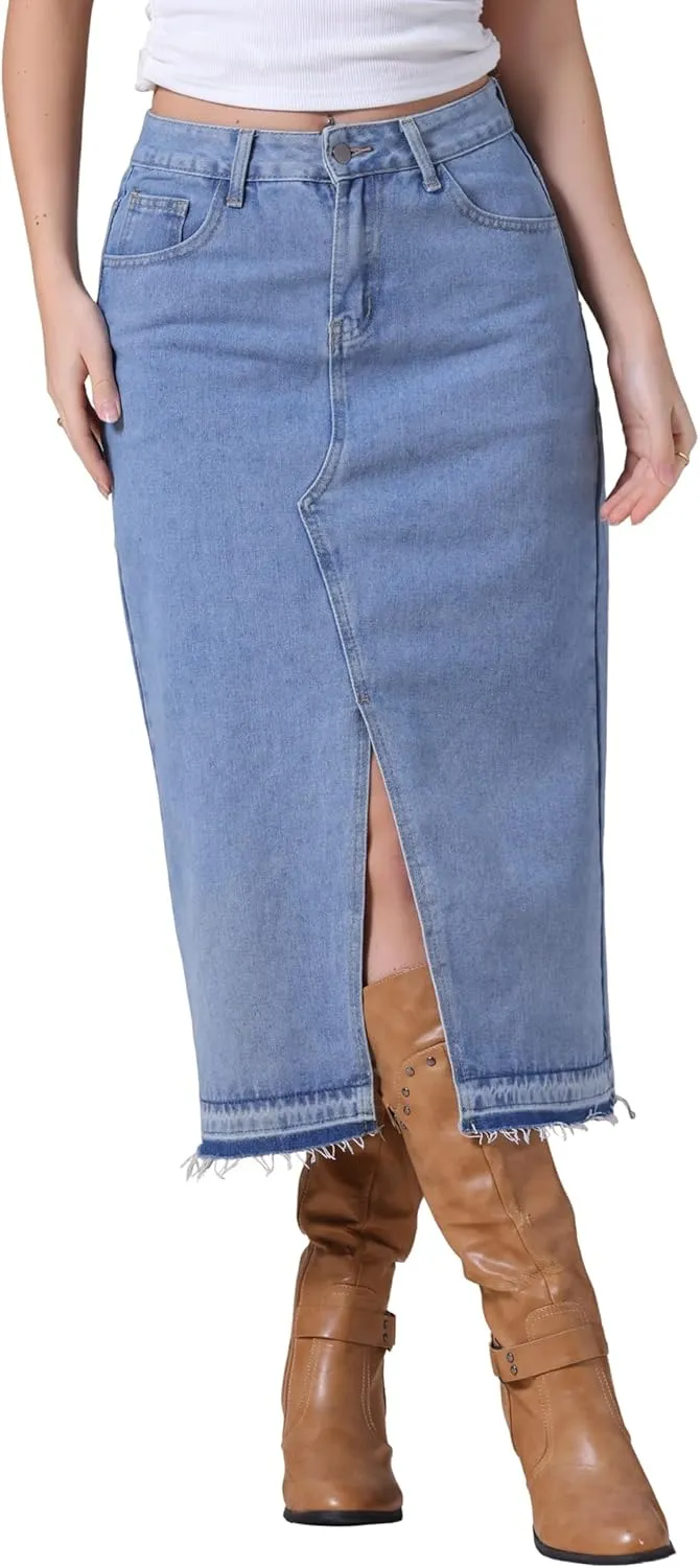 Women's Denim Skirt High Waist Front Slit Raw Trim Hem Pencil Skirt with Pockets Midi Jean Skirts