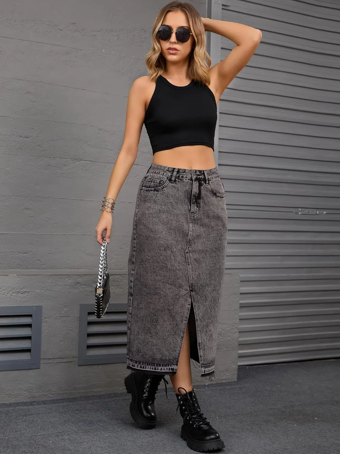 Women's Denim Skirt High Waist Front Slit Raw Trim Hem Pencil Skirt with Pockets Midi Jean Skirts