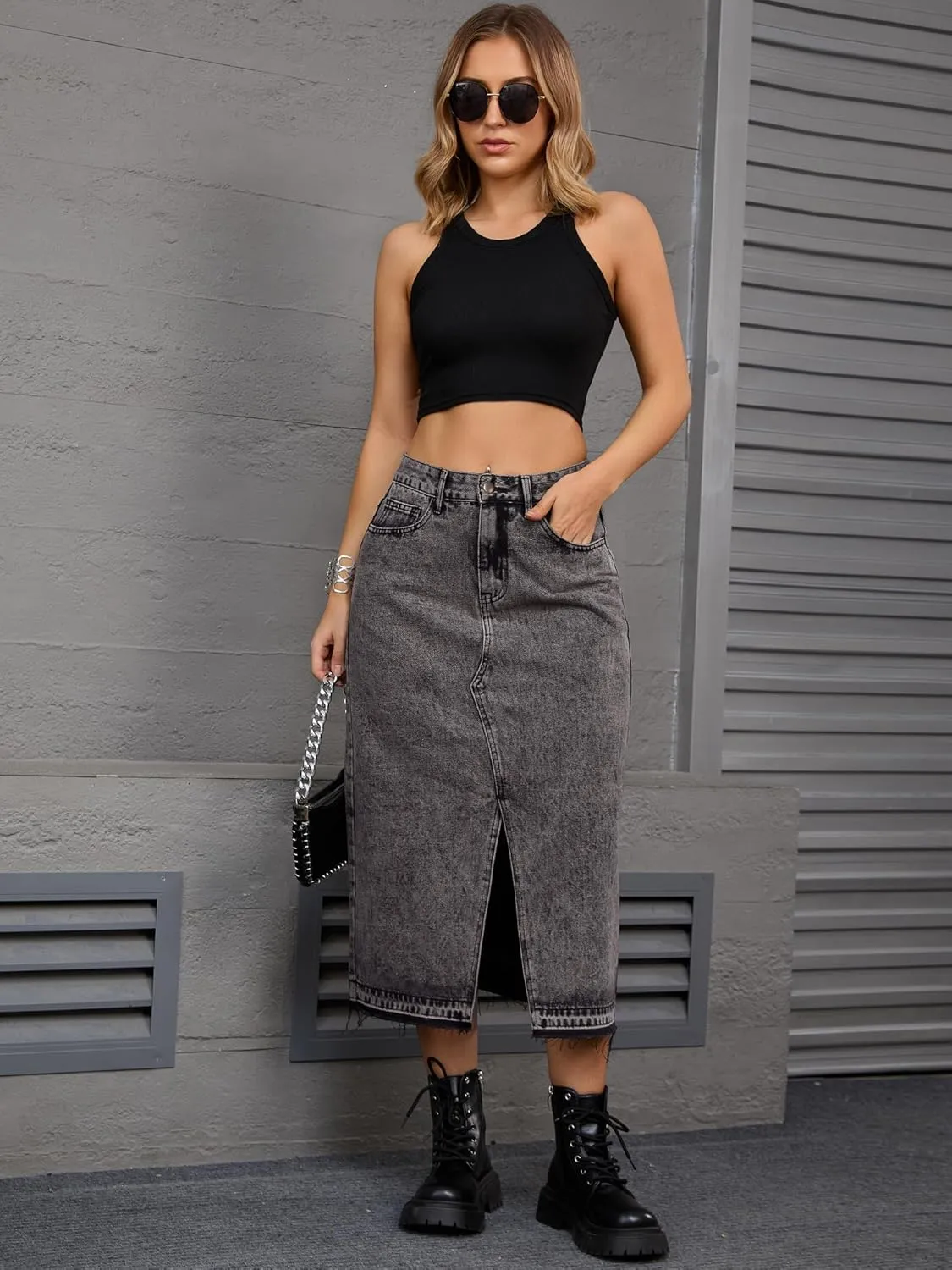Women's Denim Skirt High Waist Front Slit Raw Trim Hem Pencil Skirt with Pockets Midi Jean Skirts