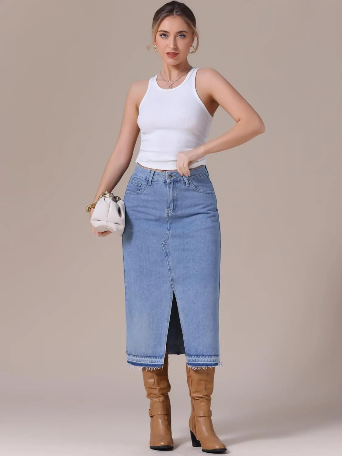 Women's Denim Skirt High Waist Front Slit Raw Trim Hem Pencil Skirt with Pockets Midi Jean Skirts