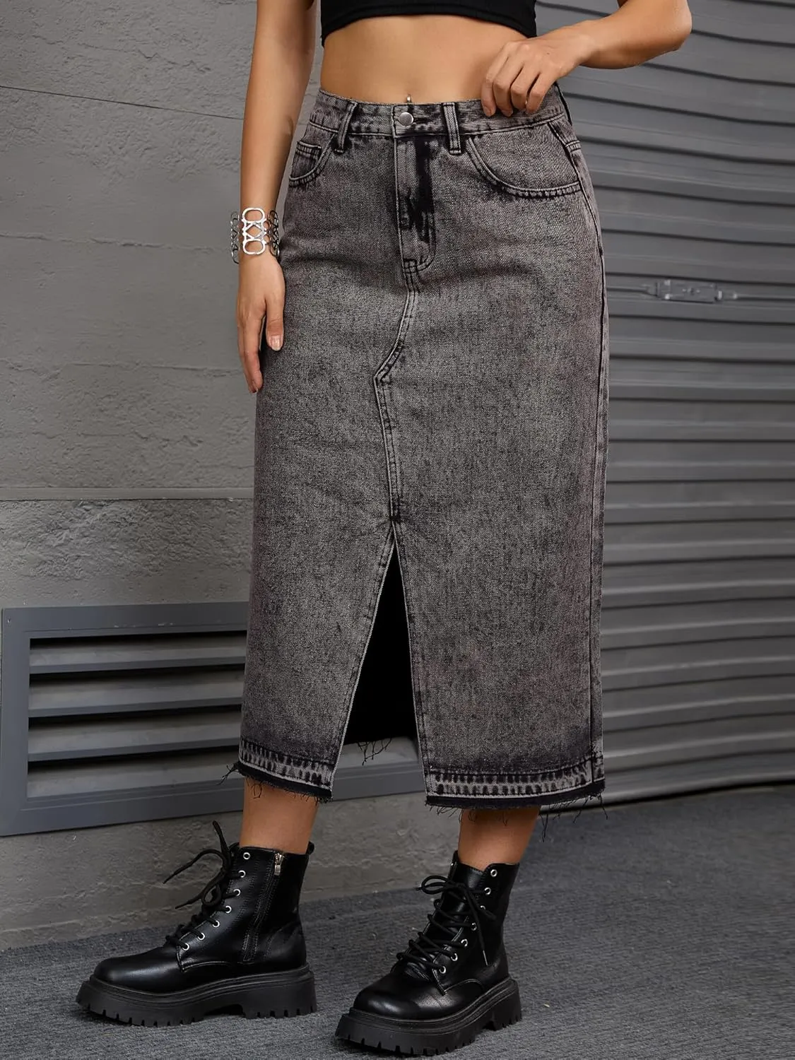 Women's Denim Skirt High Waist Front Slit Raw Trim Hem Pencil Skirt with Pockets Midi Jean Skirts