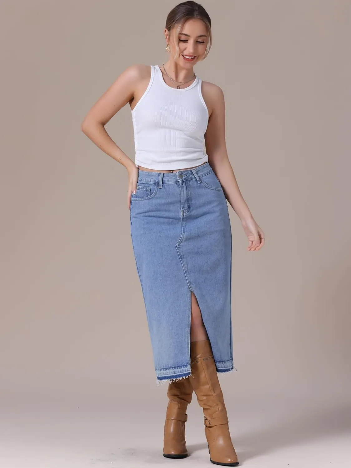 Women's Denim Skirt High Waist Front Slit Raw Trim Hem Pencil Skirt with Pockets Midi Jean Skirts