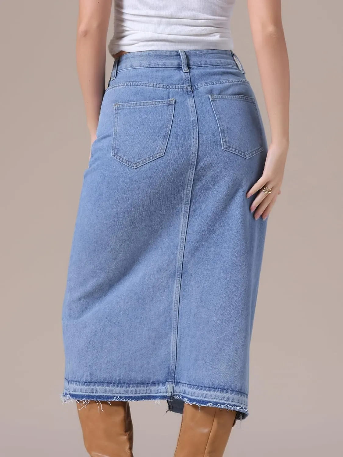 Women's Denim Skirt High Waist Front Slit Raw Trim Hem Pencil Skirt with Pockets Midi Jean Skirts