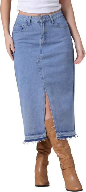 Women's Denim Skirt High Waist Front Slit Raw Trim Hem Pencil Skirt with Pockets Midi Jean Skirts