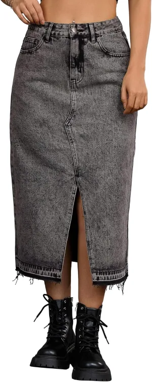 Women's Denim Skirt High Waist Front Slit Raw Trim Hem Pencil Skirt with Pockets Midi Jean Skirts