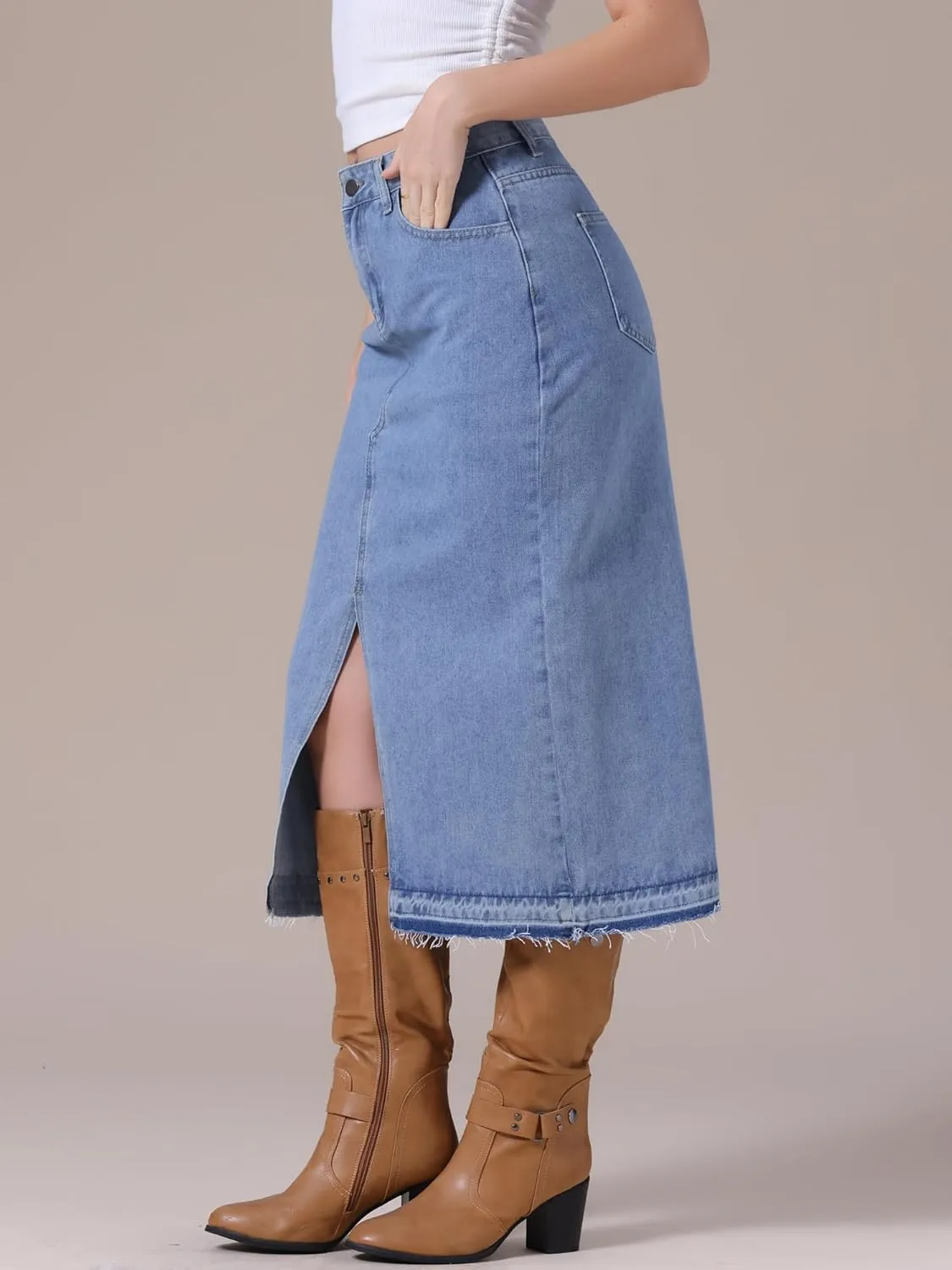 Women's Denim Skirt High Waist Front Slit Raw Trim Hem Pencil Skirt with Pockets Midi Jean Skirts