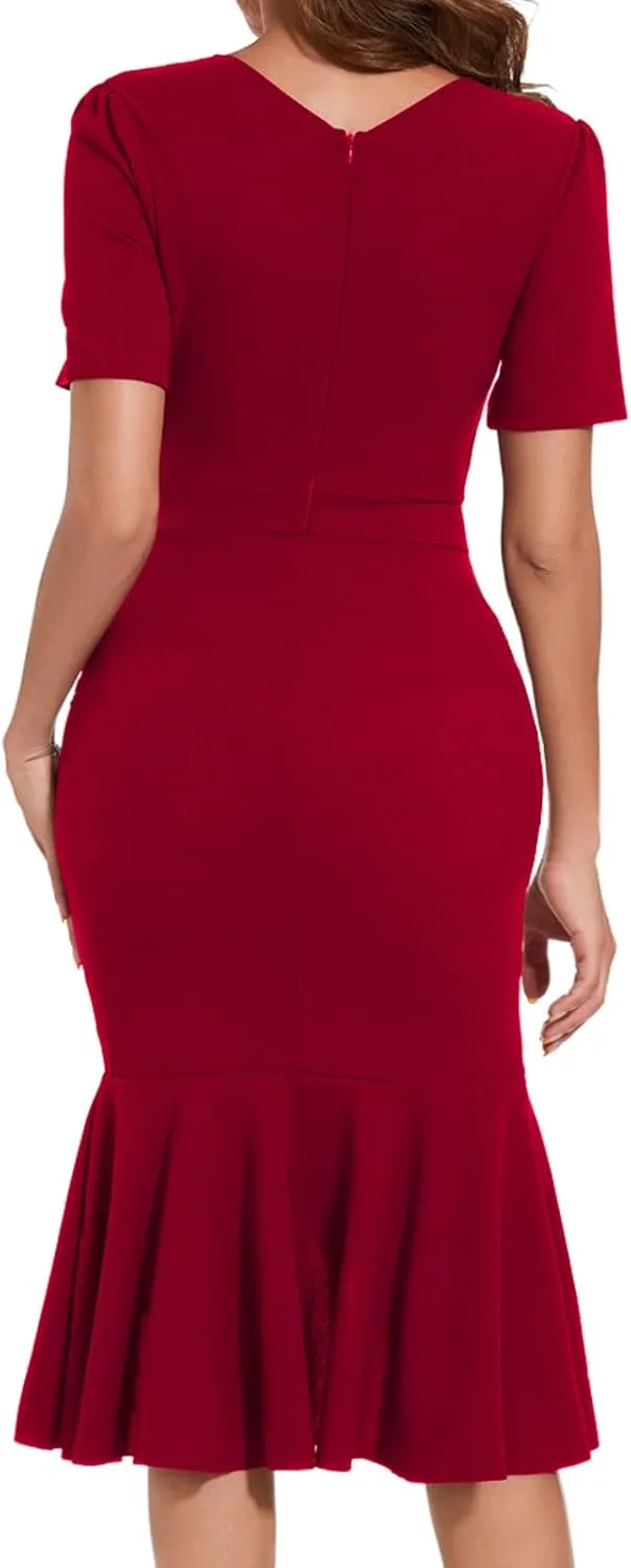 Women's Elegant Mermaid Bodycon Wrap Dress Deep V Neck Short Sleeve Work Business Ruched Church Midi Dresses