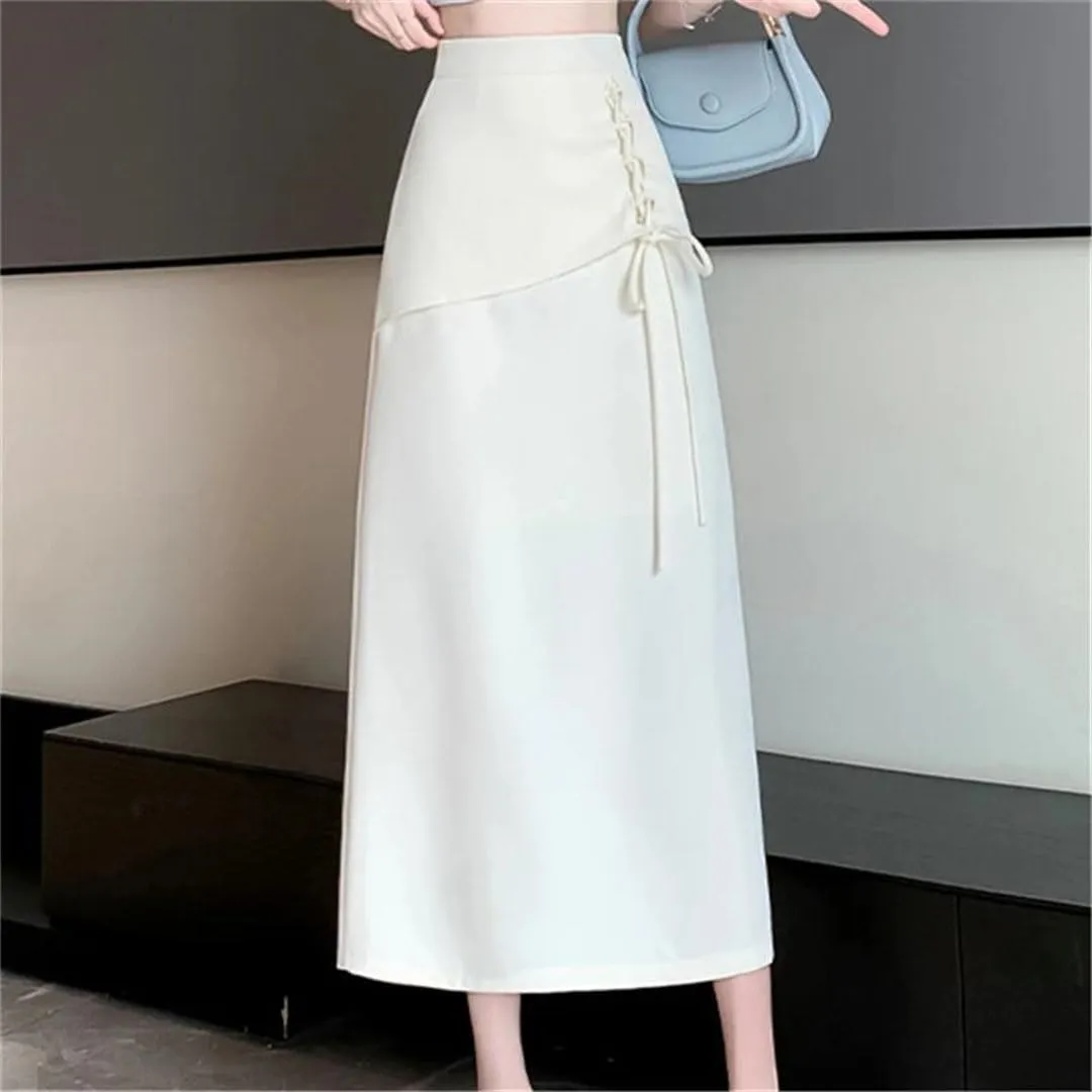 Women's Elegant Tie Up Skirts Summer High Waist Solid Color Casual Loose Ladies A-Line Skirts