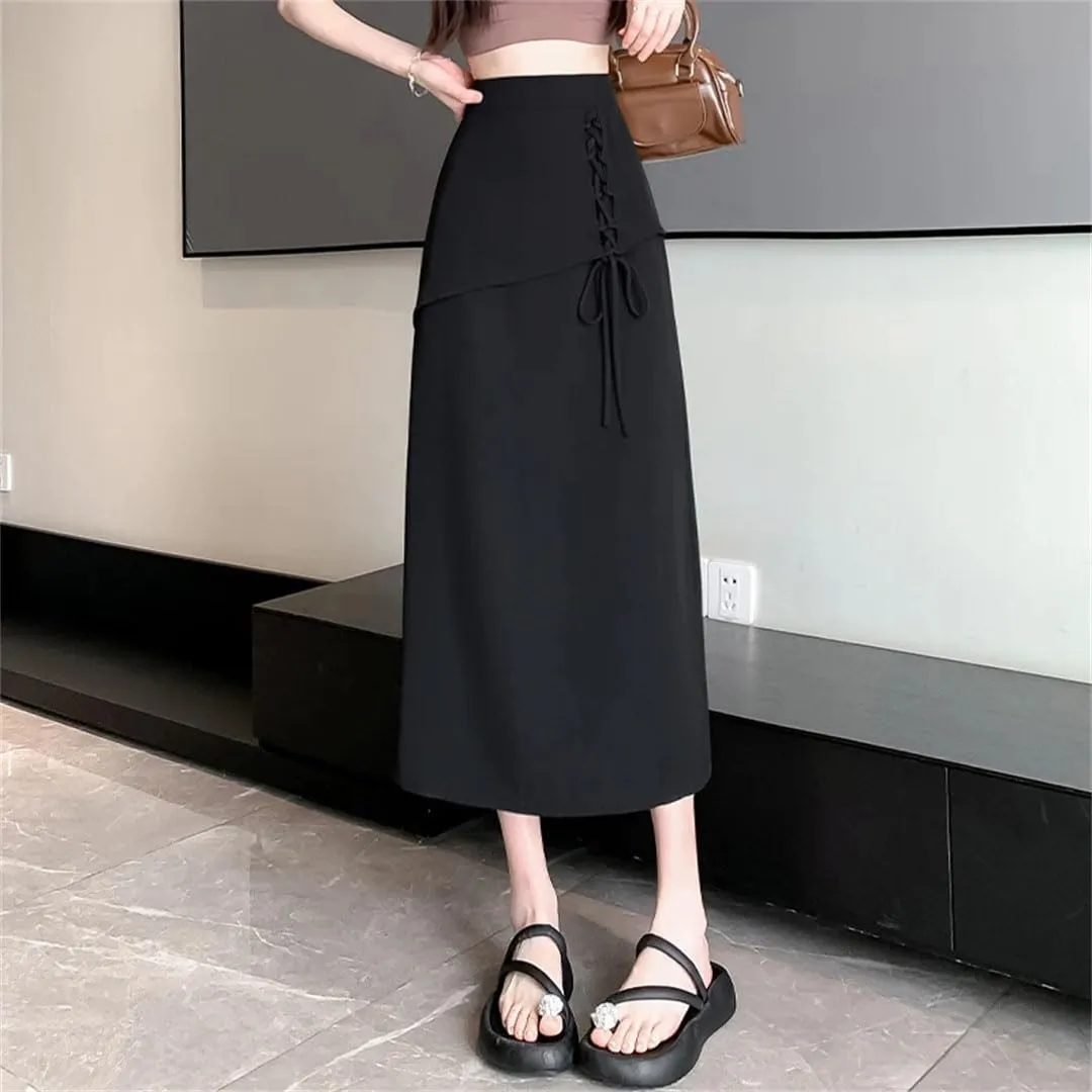 Women's Elegant Tie Up Skirts Summer High Waist Solid Color Casual Loose Ladies A-Line Skirts