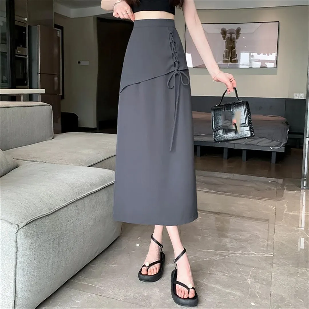 Women's Elegant Tie Up Skirts Summer High Waist Solid Color Casual Loose Ladies A-Line Skirts