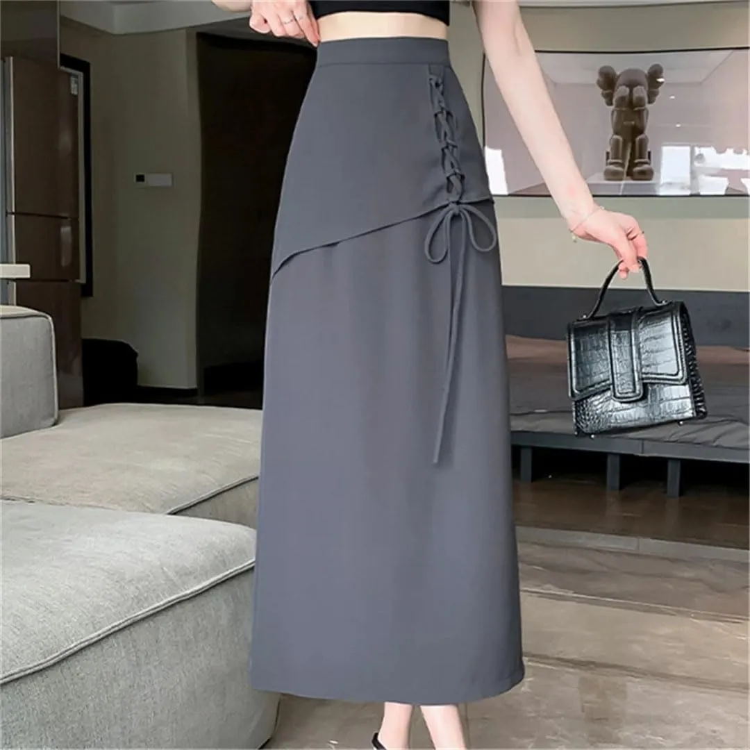 Women's Elegant Tie Up Skirts Summer High Waist Solid Color Casual Loose Ladies A-Line Skirts