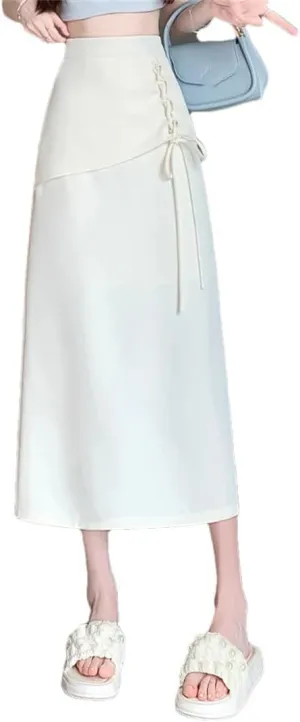Women's Elegant Tie Up Skirts Summer High Waist Solid Color Casual Loose Ladies A-Line Skirts
