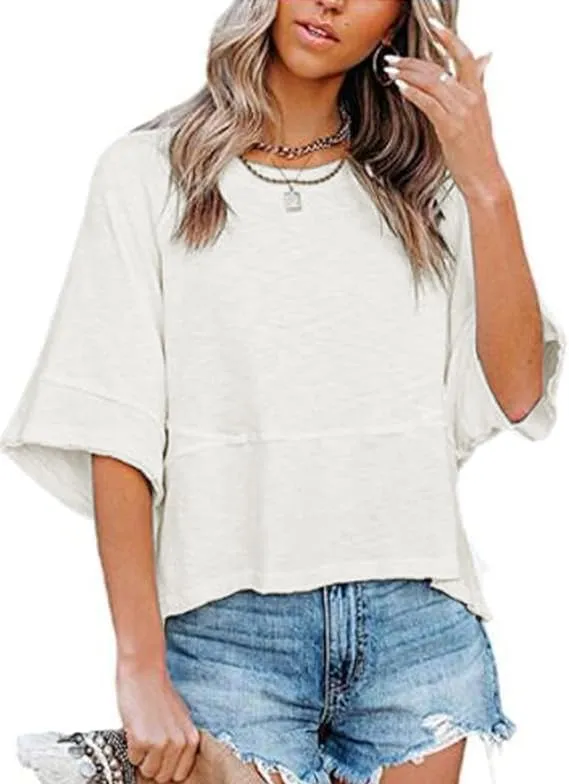 Women's Fashion Casual T Shirt Round Collar 3/4 Sleeve Plain Color Tees Summer Tops Blouses