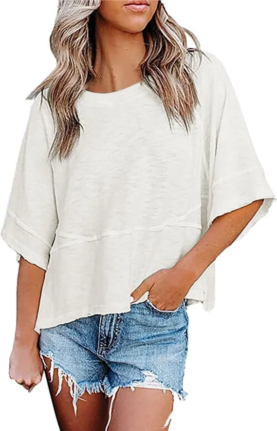 Women's Fashion Casual T Shirt Round Collar 3/4 Sleeve Plain Color Tees Summer Tops Blouses