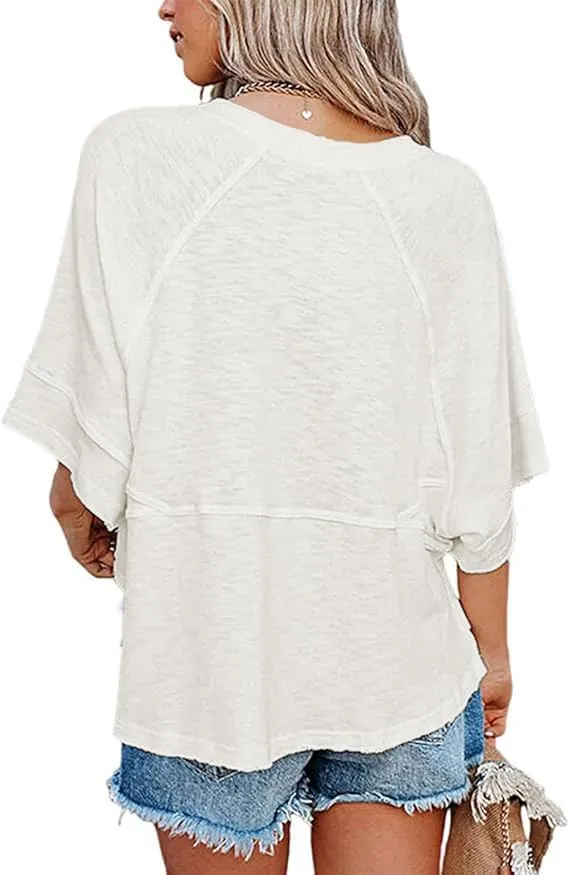 Women's Fashion Casual T Shirt Round Collar 3/4 Sleeve Plain Color Tees Summer Tops Blouses