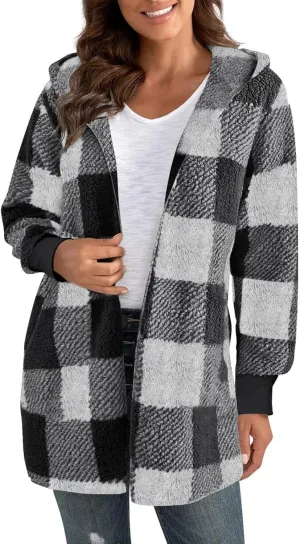 Womens Fleece Sherpa Jackets Winter Warm Plush Hooded Jackets Casual Plaid Long Sleeve Cardigan Outerwear