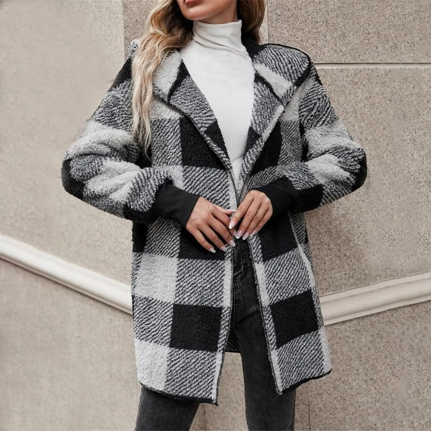 Womens Fleece Sherpa Jackets Winter Warm Plush Hooded Jackets Casual Plaid Long Sleeve Cardigan Outerwear