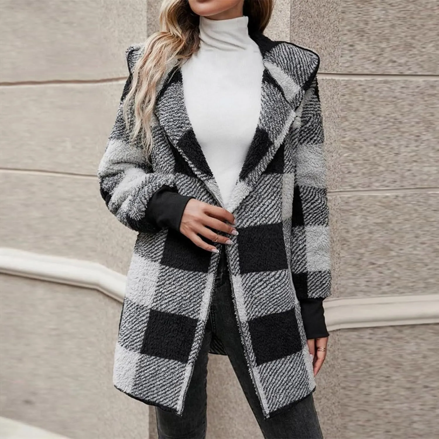 Womens Fleece Sherpa Jackets Winter Warm Plush Hooded Jackets Casual Plaid Long Sleeve Cardigan Outerwear