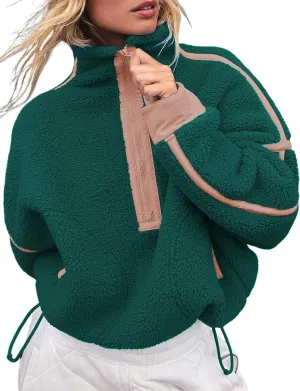 Women's Fleece Sweatshirts Half Zip Pullover Long Sleeve Oversized Workout Crop Tops Hoodie with Pocket(Pink-green,XL)