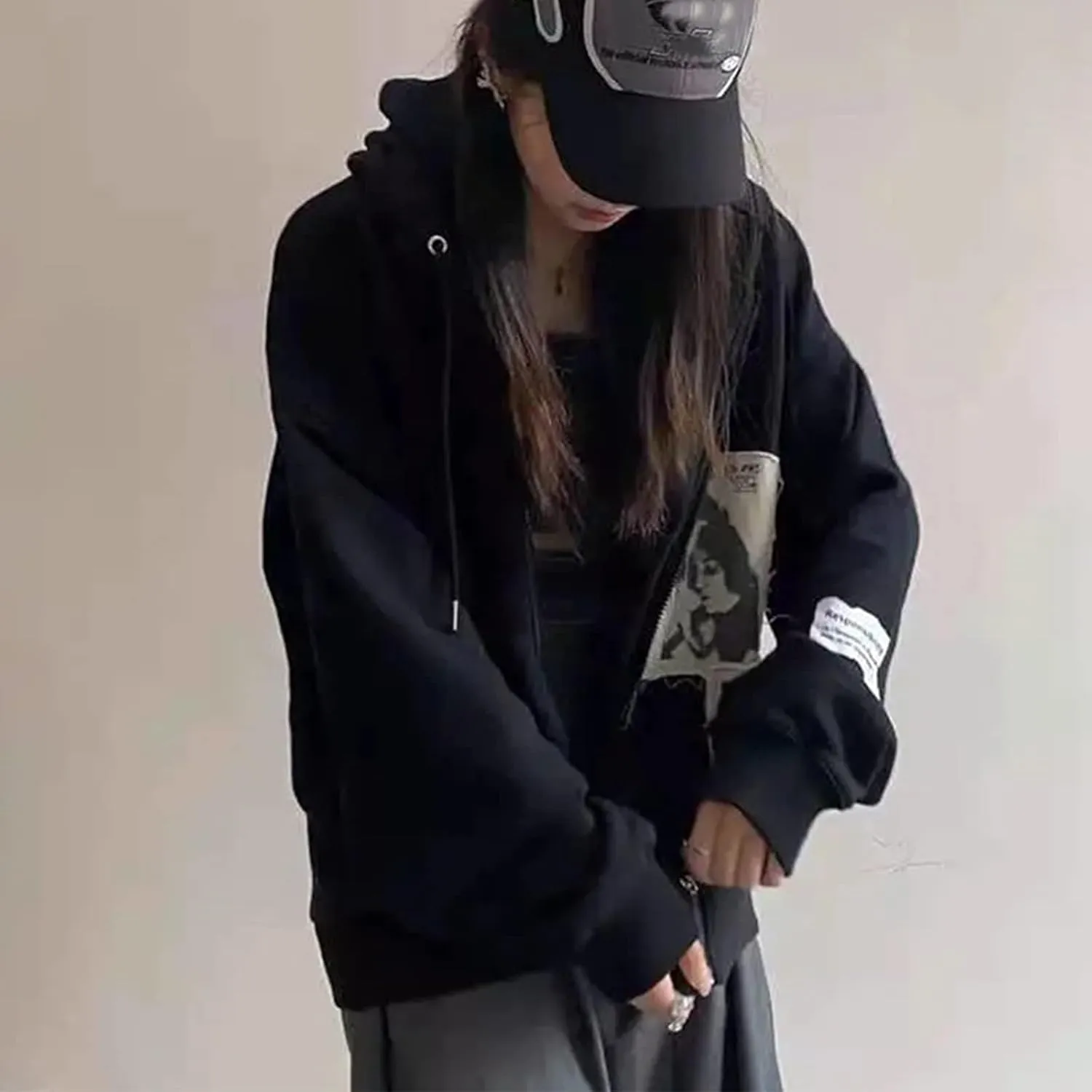 Womens Gothic Oversized Hoodies Y2K Zip Up Graphic Print Harajuku Hoodie Emo Clothes Streetwear with Pockets