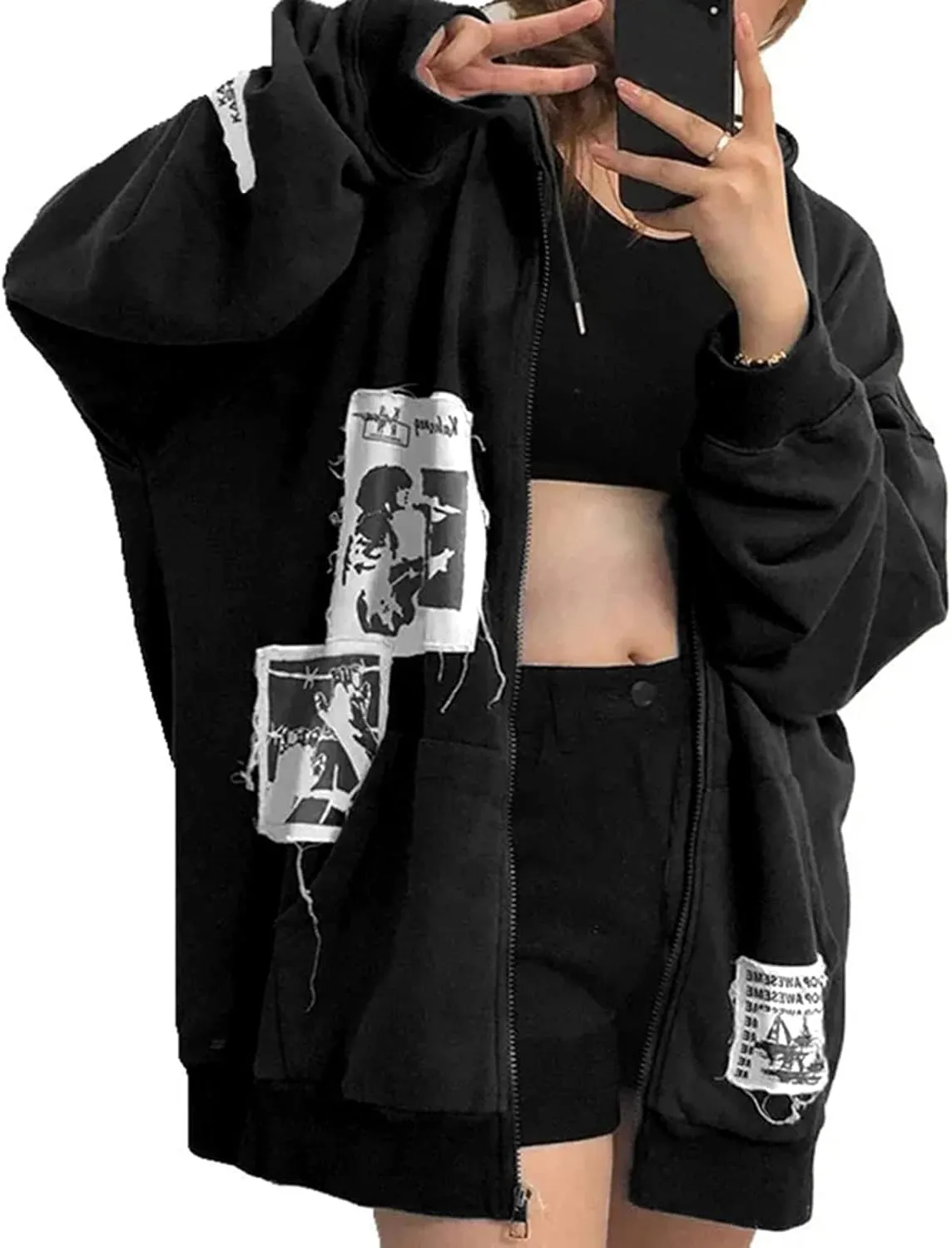 Womens Gothic Oversized Hoodies Y2K Zip Up Graphic Print Harajuku Hoodie Emo Clothes Streetwear with Pockets