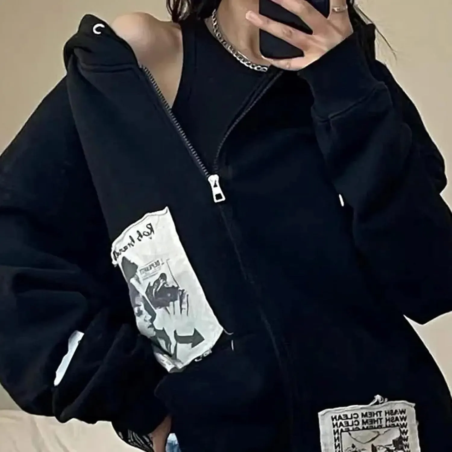 Womens Gothic Oversized Hoodies Y2K Zip Up Graphic Print Harajuku Hoodie Emo Clothes Streetwear with Pockets