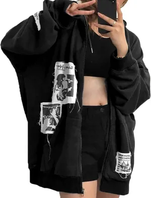 Womens Gothic Oversized Hoodies Y2K Zip Up Graphic Print Harajuku Hoodie Emo Clothes Streetwear with Pockets