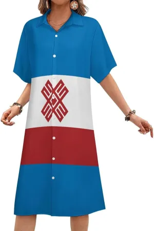 Women's Hawaii Flag Shirt Dress Collar V-Neck Button Down Simple Short Sleeve Long Dresses