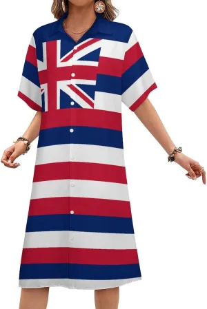 Women's Hawaii Flag Shirt Dress Collar V-Neck Button Down Simple Short Sleeve Long Dresses