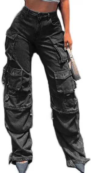 Womens High Waisted Baggy Cargo Jeans Straight Wide Leg Y2K Cargo Denim Pants with Flap Pockets