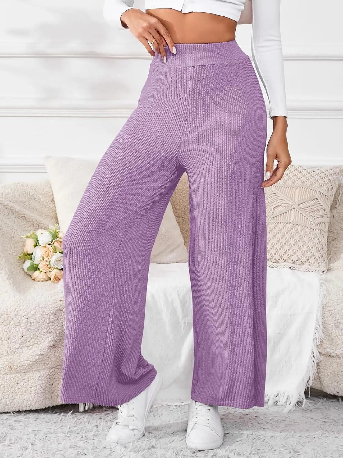 Women's High Waisted Drawstring Waist Wide Leg Solid Color Pants Sweatpants Casual Loose Yoga Pants with Pockets