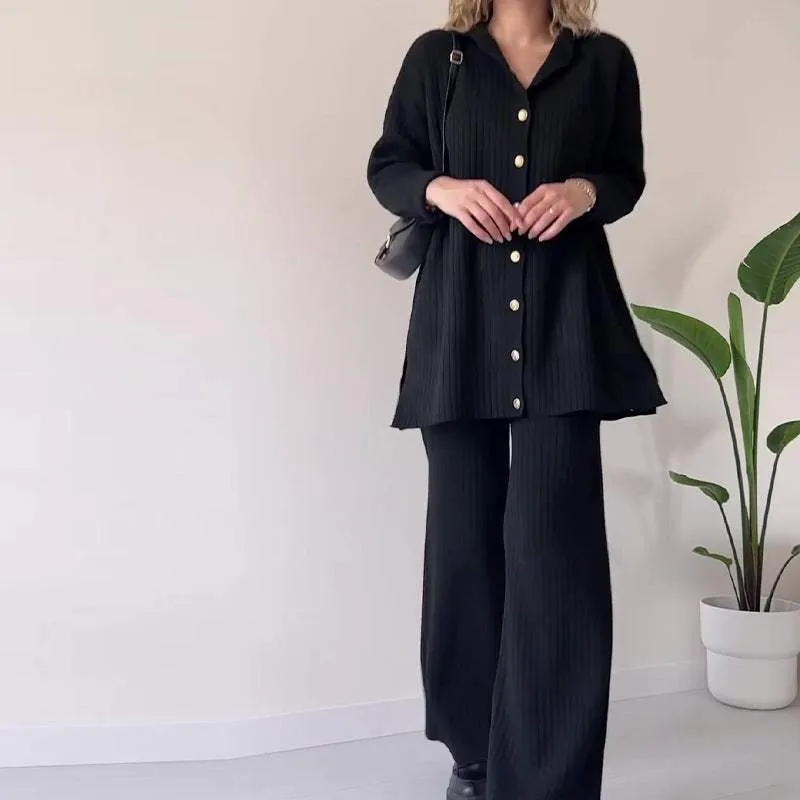 Women's Knit Two-Piece Set: Cardigan & Wide-Leg Pants