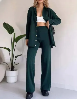 Women's Knit Two-Piece Set: Cardigan & Wide-Leg Pants