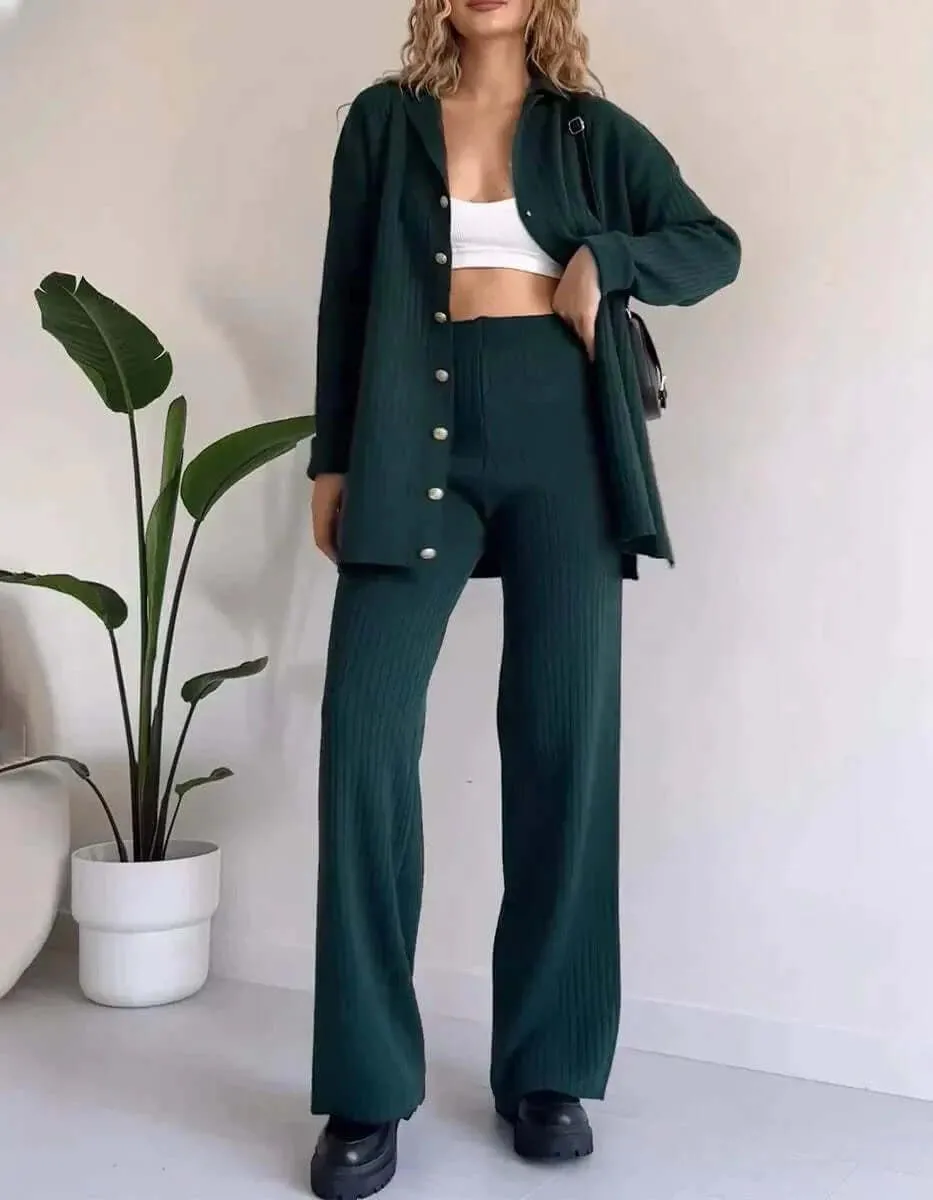 Women's Knit Two-Piece Set: Cardigan & Wide-Leg Pants