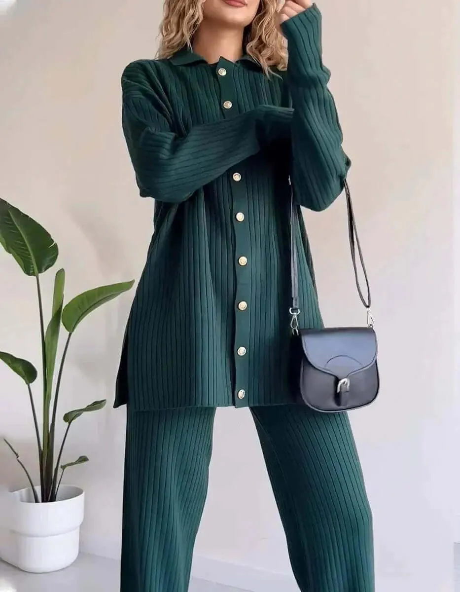 Women's Knit Two-Piece Set: Cardigan & Wide-Leg Pants