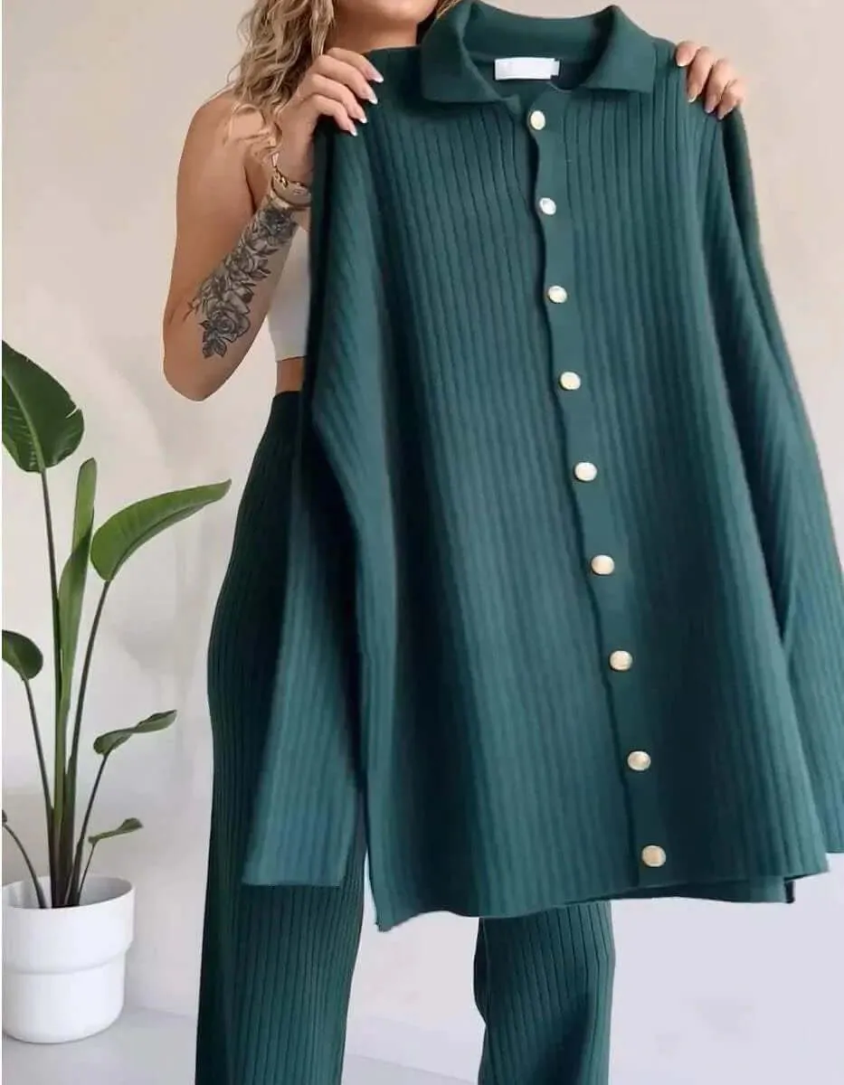 Women's Knit Two-Piece Set: Cardigan & Wide-Leg Pants
