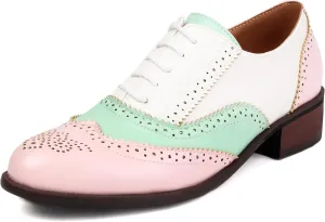 Women's Lace Up Wingtip Multicolor Flat Oxfords Vintage Oxford Round Toe Comfortable Work Office Business Formal Brogue Dress Shoes Low Heel Pumps