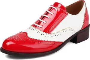 Women's Lace Up Wingtip Multicolor Flat Oxfords Vintage Oxford Round Toe Comfortable Work Office Business Formal Brogue Dress Shoes Low Heel Pumps