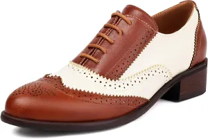 Women's Lace Up Wingtip Multicolor Flat Oxfords Vintage Oxford Round Toe Comfortable Work Office Business Formal Brogue Dress Shoes Low Heel Pumps