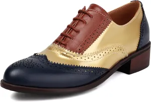 Women's Lace Up Wingtip Multicolor Flat Oxfords Vintage Oxford Round Toe Comfortable Work Office Business Formal Brogue Dress Shoes Low Heel Pumps