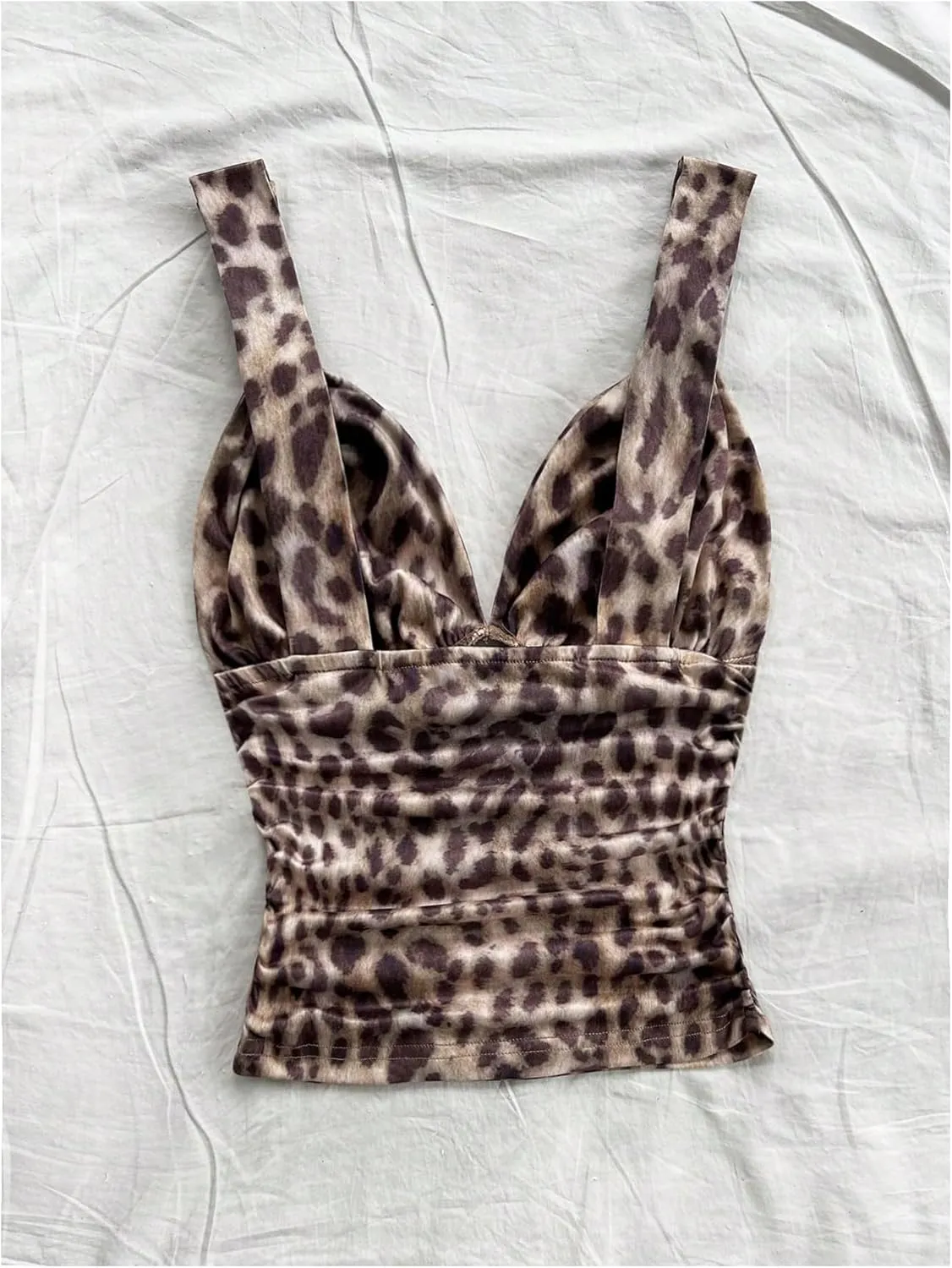 Women's Leopard Ruched Tank Top Sleeveless V Neck Slim Fit Y2K Summer Tops Clubwear