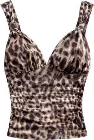 Women's Leopard Ruched Tank Top Sleeveless V Neck Slim Fit Y2K Summer Tops Clubwear