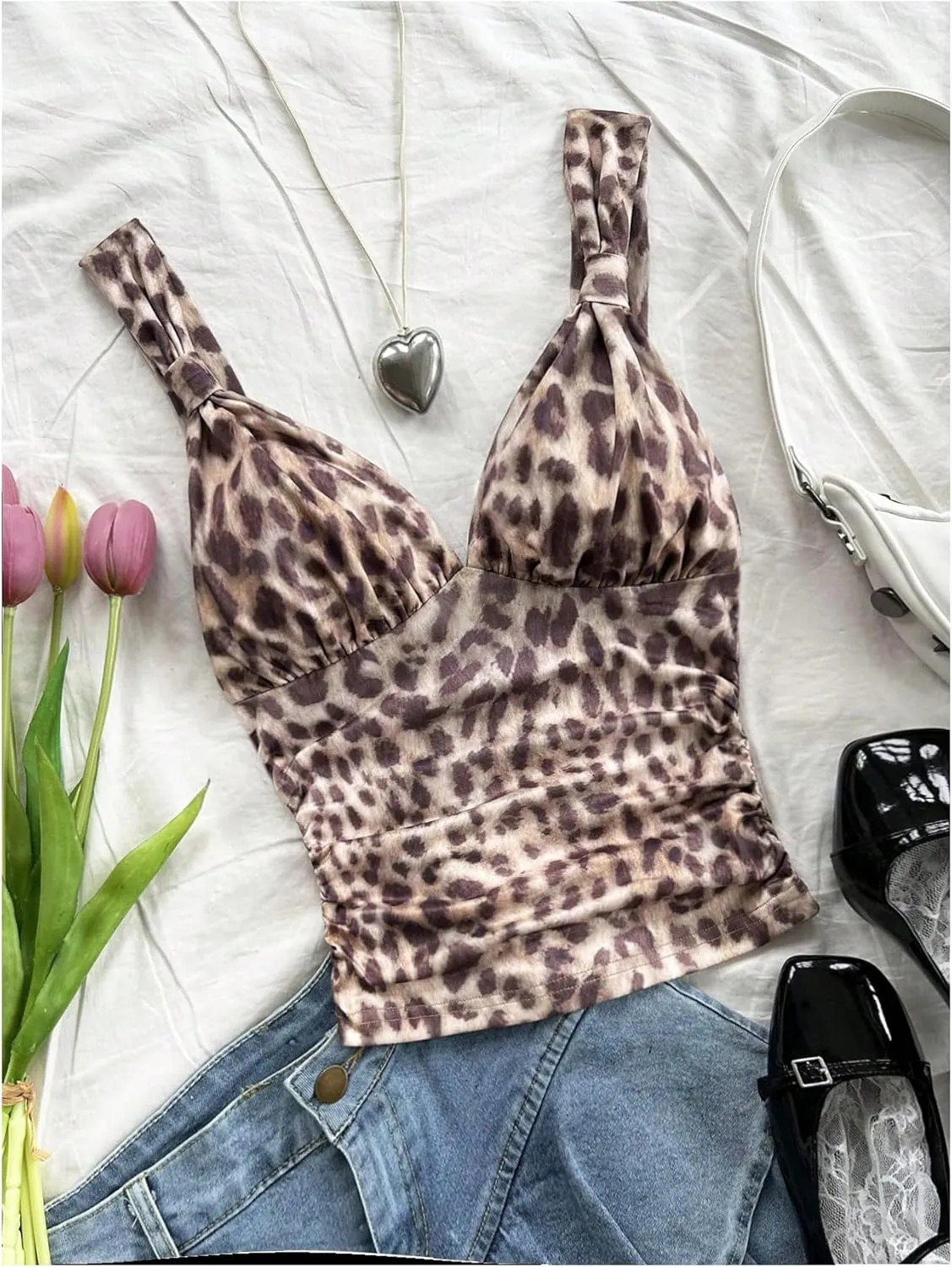 Women's Leopard Ruched Tank Top Sleeveless V Neck Slim Fit Y2K Summer Tops Clubwear