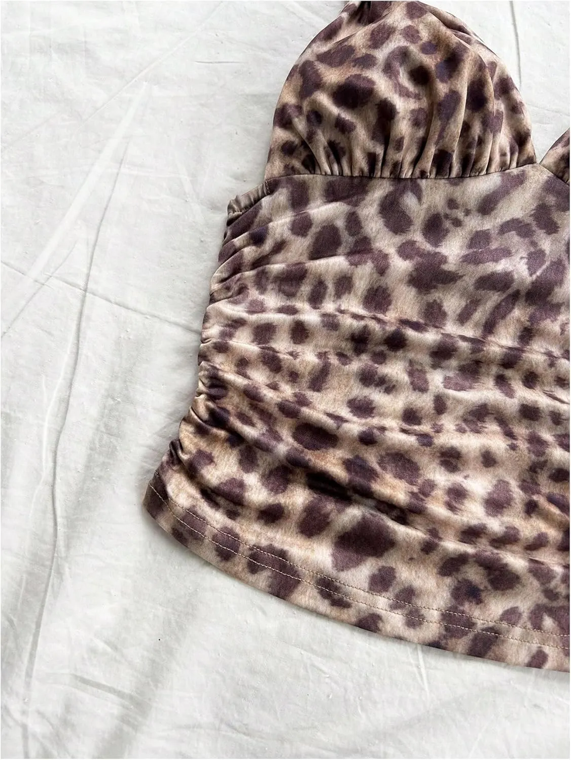 Women's Leopard Ruched Tank Top Sleeveless V Neck Slim Fit Y2K Summer Tops Clubwear