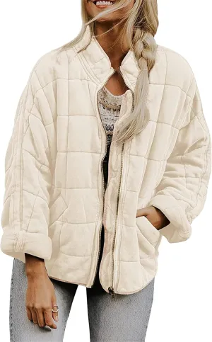 Women's Lightweight Long Sleeve Jacket Quilted Zip Up Down Coat With Pockets Warm Winter Baggy Down Coat