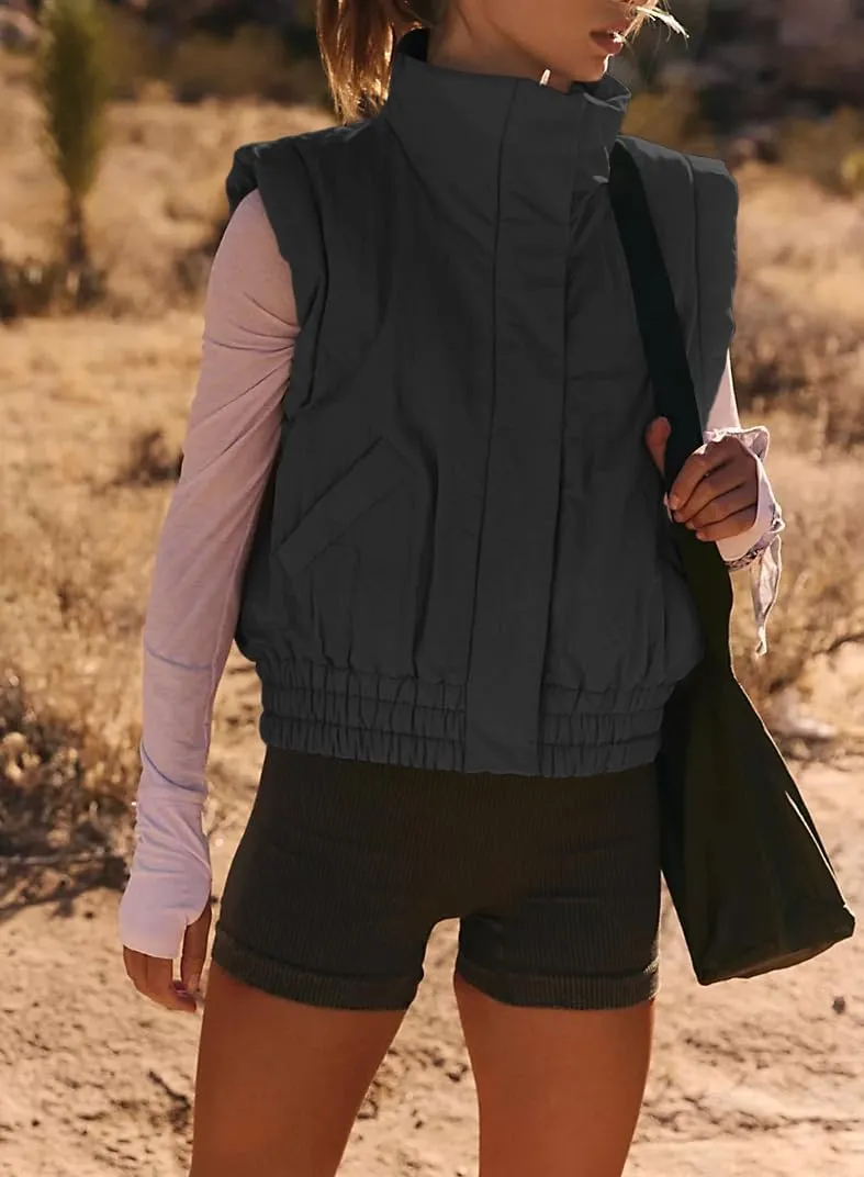 Women's Lightweight Puffer Vest Button Down Crop Qulited Vest Coat Stand Collar Sleeveless Padded Gilet With Pockets